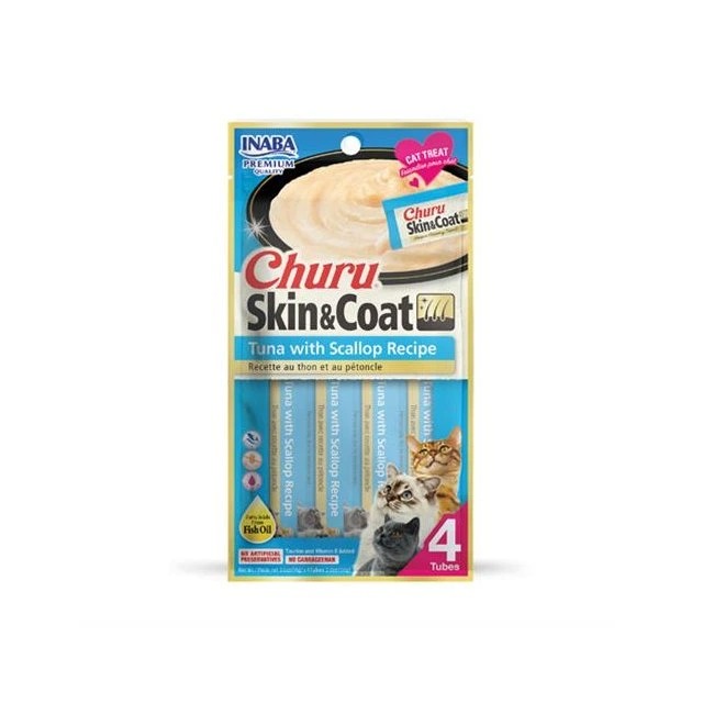 Pamlsok Inaba Churu Skin & Coat cat Tuniak s hrebenatkou 4 tuby 56 g